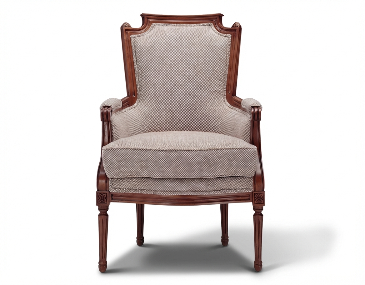 Fauteuil bergère style Louis XVI bois teinte ancienne et tissu chiné beige, gris et orange - Bergerac