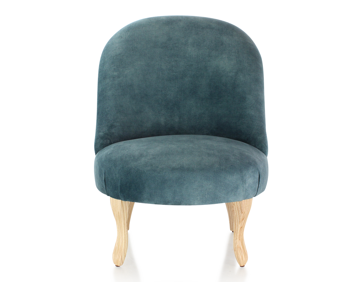 Armless toad chair with natural-coloured legs and petrol blue velvet ...