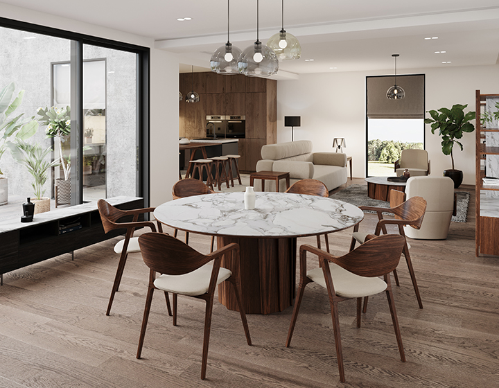 Table salle a manger ronde en noyer et céramique effet marbre blanc 120