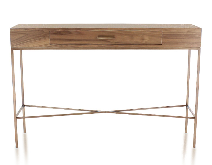 Console design en noyer et métal patine laiton 100 cm - Croisillon ...