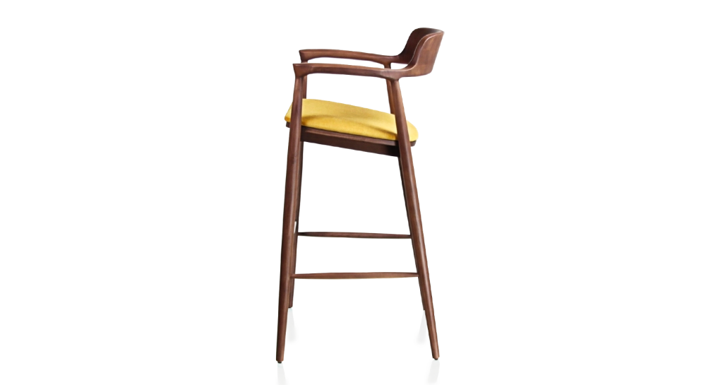 Tabouret de bar h80 cm bois teinte noyer assise tissu jaune