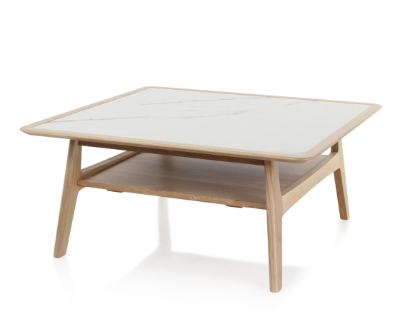 Square coffee table in oak and ceramic with natural tint wood white marble effect ceramic top 100x100 cm