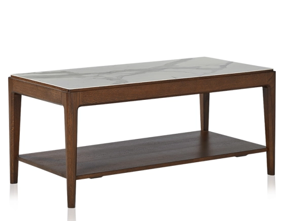 Rectangular coffee table in oak and ceramic with shelf in dark brown stained wood, white marble effect ceramic top 100x50 cm