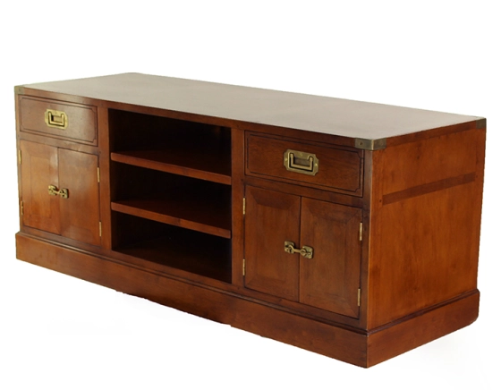 Navy TV unit cherry-stained wood