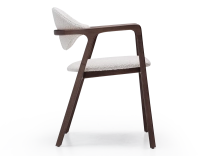 Designer armchair dark brown stained wood and white bouclé fabric. Designer armchair dark brown stained wood and white bouclé fabric.