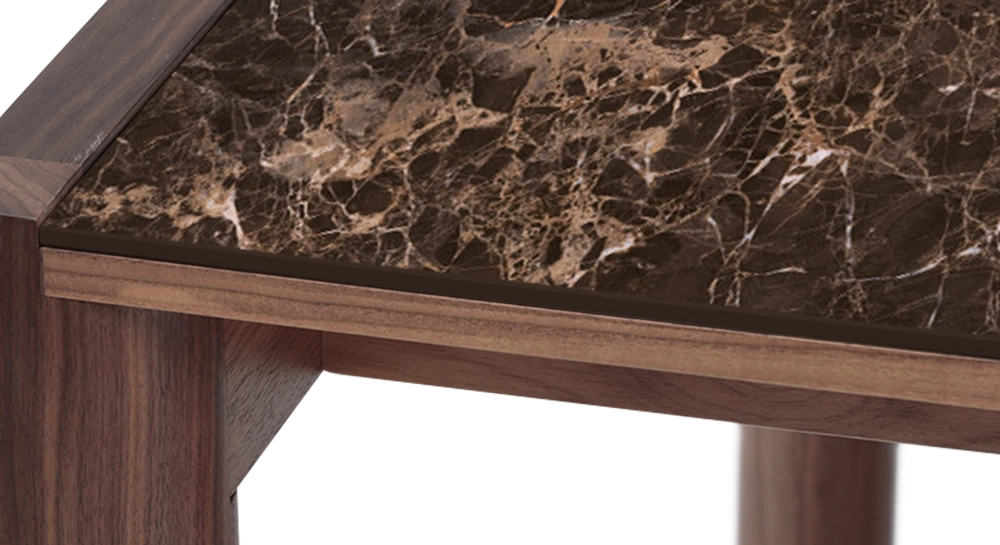 Extending table for 8 to 12 people in walnut and ceramic with ceramic extensions natural wood finish and brown marble-effect ceramic 160x100 cm Extending table for 8 to 12 people in walnut and ceramic with ceramic extensions natural wood finish and brown marble-effect ceramic 160x100 cm