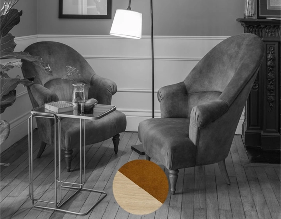 Toad armchair with armrests natural wood stain legs and high back bronze velvet fabric