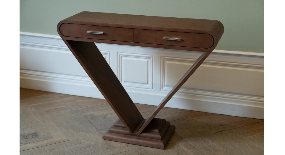 Console art déco double tiroirs bois teinte noyer Console art déco double tiroirs bois teinte noyer