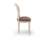 Louis XVI style antique chair white cerused wood with cane backrest and taupe fabric seat. Louis XVI style antique chair white cerused wood with cane backrest and taupe fabric seat.