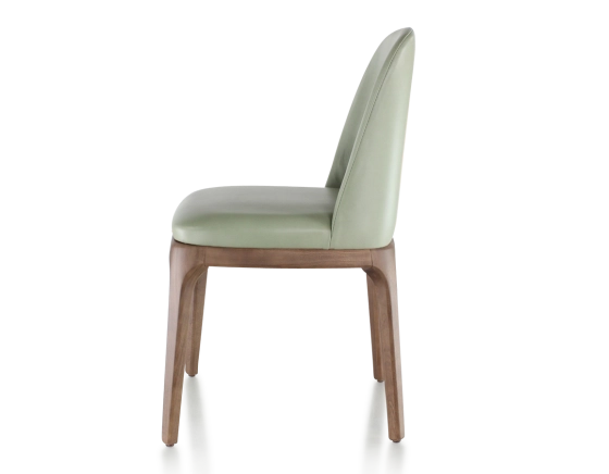 Chaise design bois teinte marron foncé et cuir vert sauge