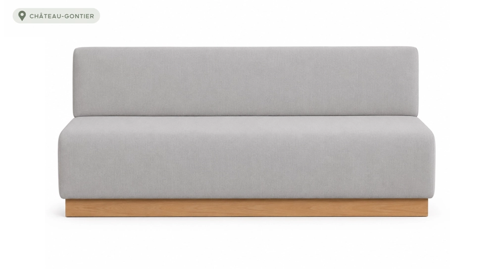 Antique 3 seater sofa socle en chêne naturelle assise tissu beige naturel