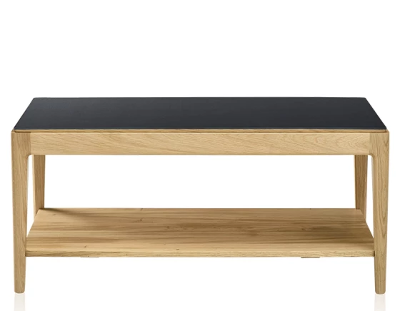 Table basse rectangulaire en chêne et céramique avec tablette en bois teinte naturelle plateau céramique noir unie 100x50 cm