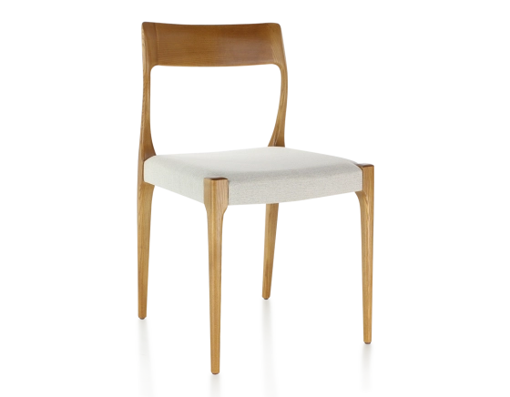 Chaise scandinave bois teinte merisier assise tissu beige naturel
