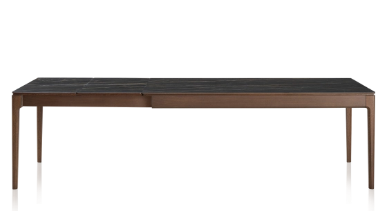 Table extensible 8 à 14 personnes en chêne et céramique allonges céramique avec bois teinte marron foncé et plateau et allonges céramique effet marbre noir 210x100 cm