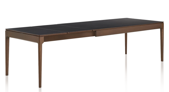 Table extensible 6 à 10 personnes en chêne et céramique allonges céramique avec bois teinte marron foncé et plateau et allonges céramique noire unie 160x100 cm