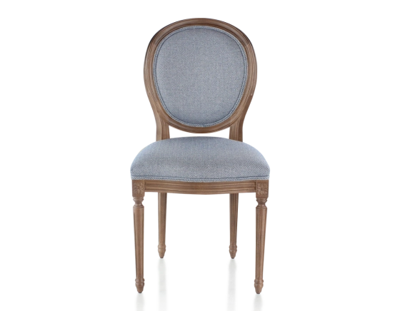 Antique Louis XVI style chair Dark brown stained wood and blue chevron fabric