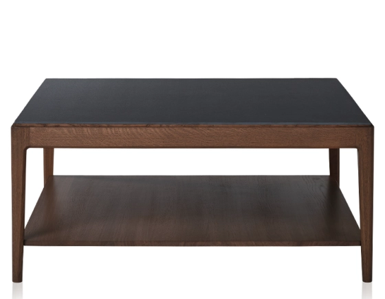 Square coffee table in oak and ceramic with shelf in dark brown stained wood, plain black ceramic top 100x100 cm