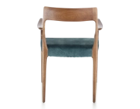 Chaise scandinave avec accoudoirs bois teinte noyer assise tissu velours bleu pétrole Chaise scandinave avec accoudoirs bois teinte noyer assise tissu velours bleu pétrole
