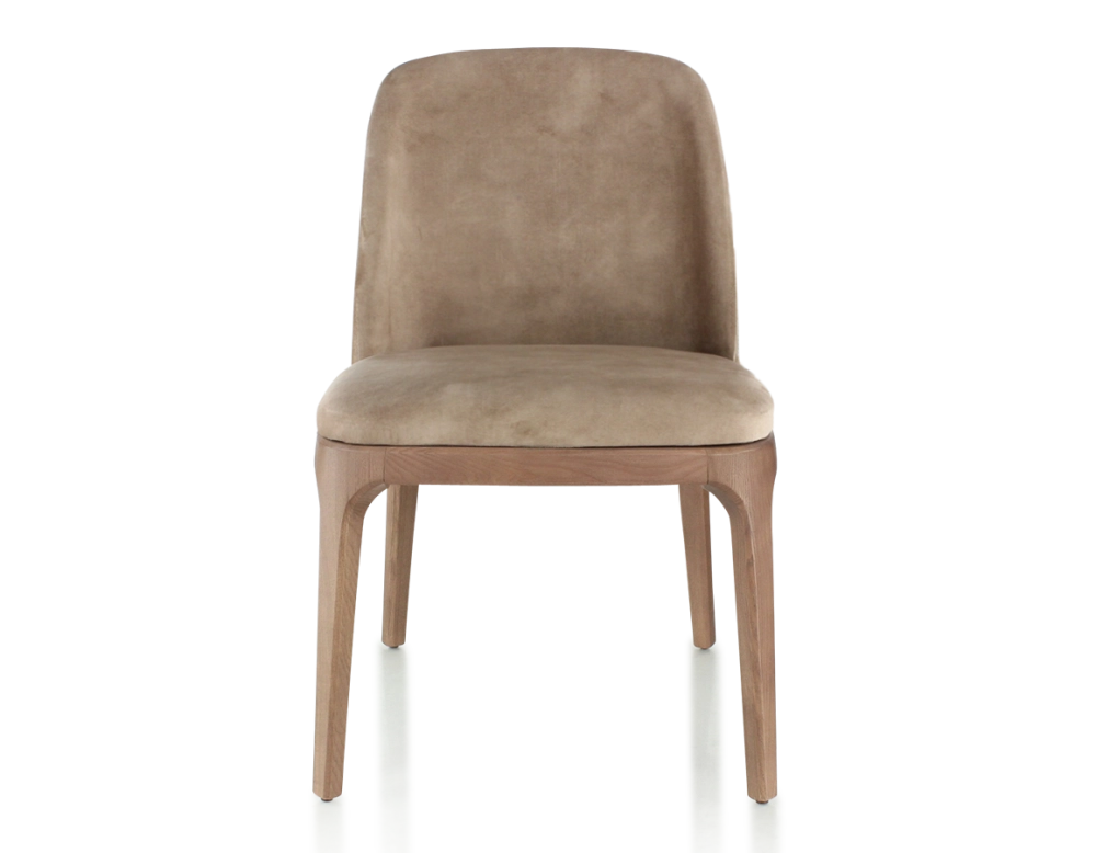 Chaise design bois teinte noyer et tissu velours taupe clair Chaise design bois teinte noyer et tissu velours taupe clair