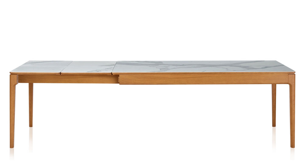 Table extensible 8 à 12 personnes en chêne et céramique allonges céramique avec bois teinte merisier et plateau et allonges céramique effet marbre blanc 160x100 cm
