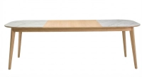 Table extensible 8 à 12 personnes en chêne et céramique allonges bois avec bois teinte naturelle et plateau céramique effet marbre blanc 210x100 cm