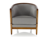 Antique armchair with moulded armrests wood stained in an antique style and light grey fabric