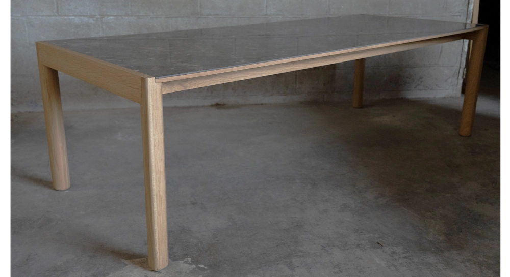 Extensible oak table for 8 to 12 people with slate effect ceramic top and anthracite tinted extensions 160x100 cm