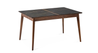 Table salle à manger en noyer et céramique 6 personnes avec bois teinte naturelle et plateau céramique effet marbre noir 140x100 cm Table salle à manger en noyer et céramique 6 personnes avec bois teinte naturelle et plateau céramique effet marbre noir 140x100 cm