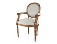Chaise ancienne style Louis XVI avec accoudoirs bois teinte ancienne et tissu beige naturel Chaise ancienne style Louis XVI avec accoudoirs bois teinte ancienne et tissu beige naturel
