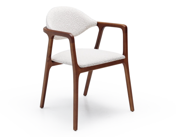 Designer armchair cherry wood stain and white bouclé fabric
