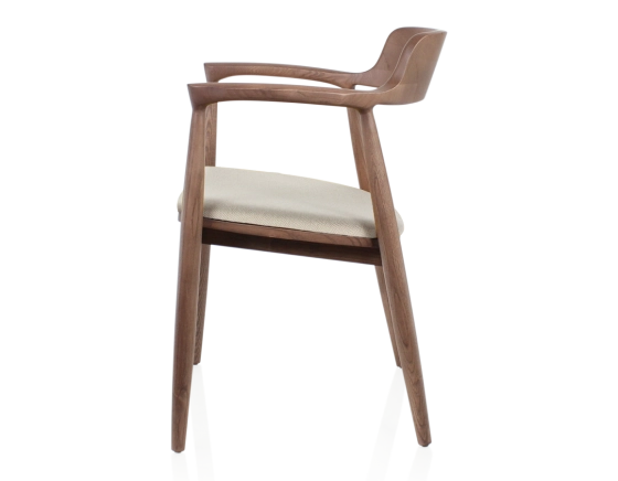 Scandinavian chair wood stained walnut seat beige chevron fabric