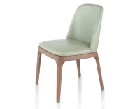 Chaise design bois teinte noyer et cuir cuir vert sauge