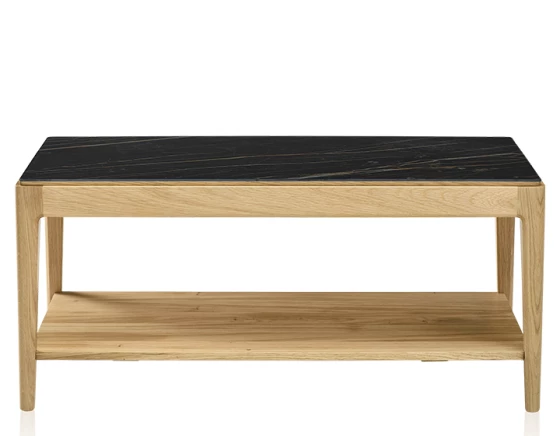 Table basse rectangulaire en chêne naturel et céramique effet marbre noir avec tablette 100x50 cm