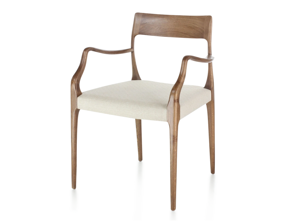 Chaise scandinave avec accoudoirs bois teinte noyer assise tissu chevron beige Chaise scandinave avec accoudoirs bois teinte noyer assise tissu chevron beige