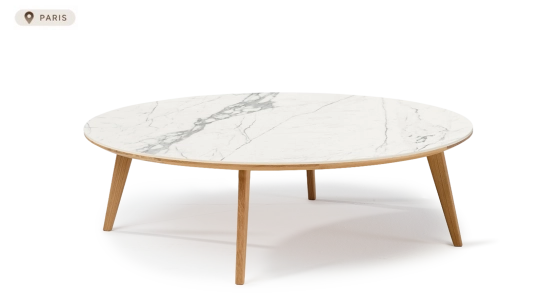 Table basse ronde F1 en chêne et céramique bois teinte naturelle plateau céramique effet marbre blanc 100x100x30 cm