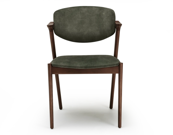 Chaise scandinave bois teinte marron foncé assise tissu velours vert forêt