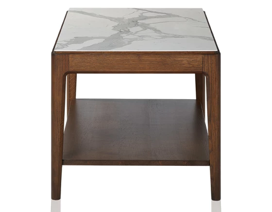 Table basse rectangulaire en chêne foncé et céramique effet marbre blanc avec tablette 100x50 cm