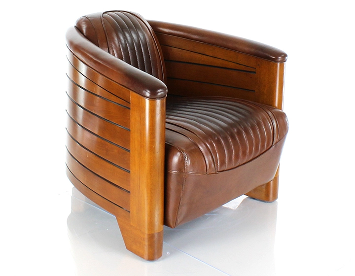Fauteuil club bois et cuir marron vintage Fauteuil club bois et cuir marron vintage