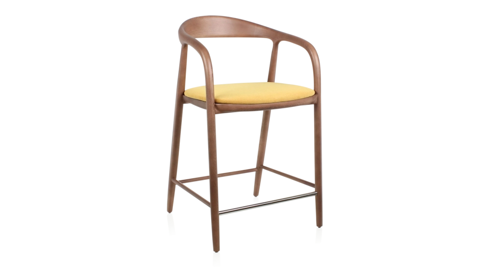 Tabouret de bar H60 cm bois teinte noyer et tissu jaune