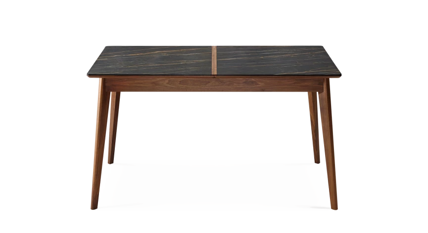 Table extensible 6 à 12 personnes en noyer et céramique allonges bois avec bois teinte naturelle et plateau céramique effet marbre noir 140x100 cm