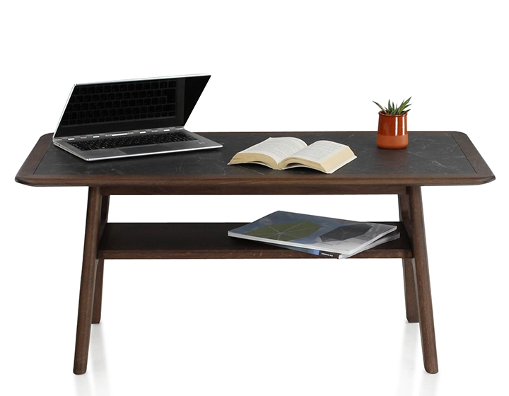 Table basse rectangulaire en chêne et céramique avec bois teinte marron foncé plateau céramique effet ardoise 100x50 cm Table basse rectangulaire en chêne et céramique avec bois teinte marron foncé plateau céramique effet ardoise 100x50 cm