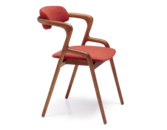 Scandinavian chair cherry wood stain, burnt orange fabric seat.