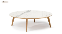 Table basse ronde F1 en chêne et céramique bois teinte naturelle plateau céramique effet marbre blanc 100x100x30 cm