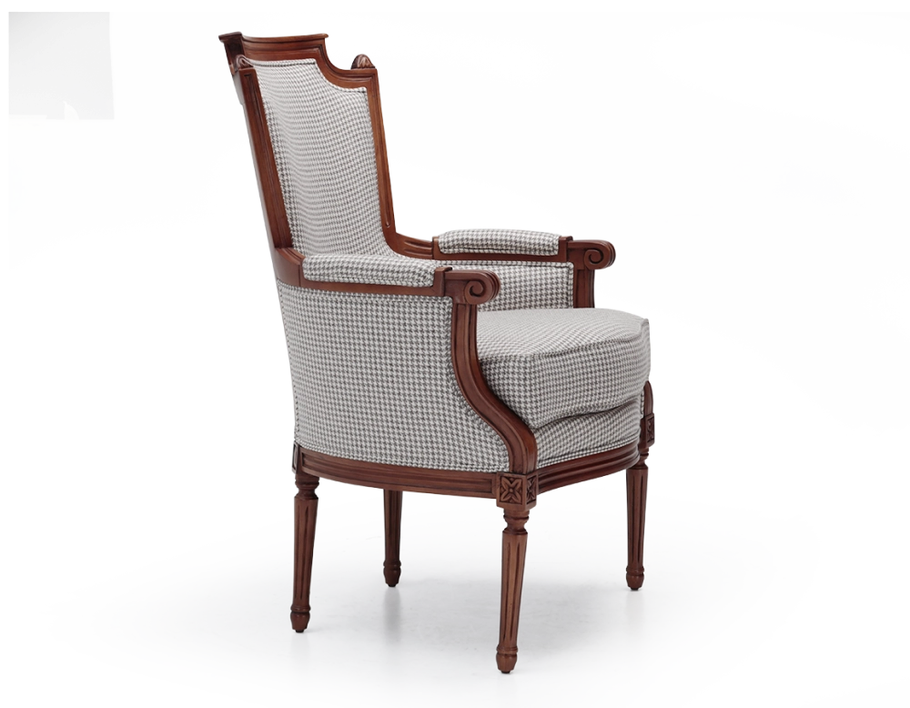 Fauteuil bergère style Louis XVI bois teinte ancienne et tissu pied de poule blanc et taupe Fauteuil bergère style Louis XVI bois teinte ancienne et tissu pied de poule blanc et taupe