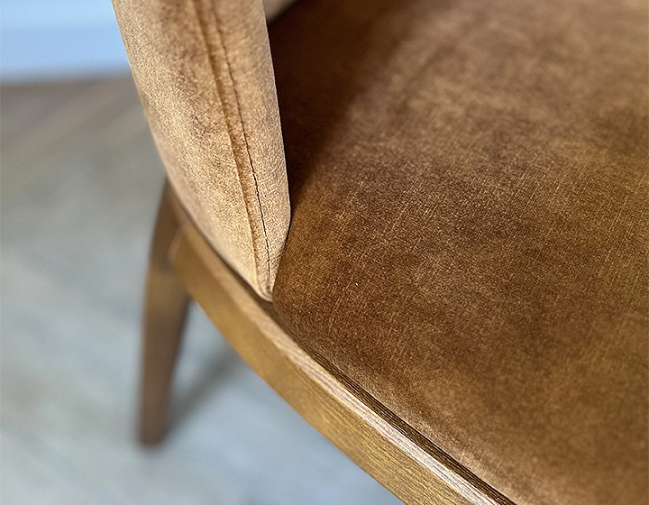 Designer chair Cherry-stained wood and bronze velvet fabric Designer chair Cherry-stained wood and bronze velvet fabric