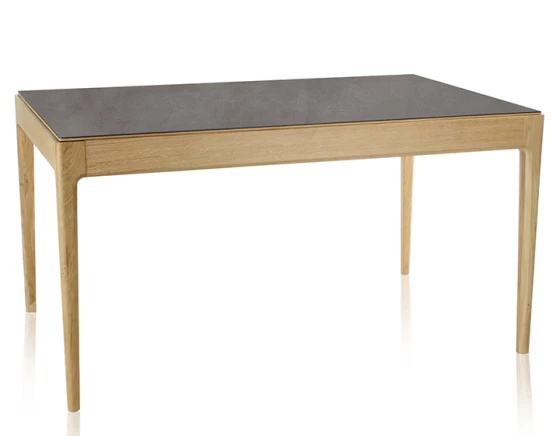 Table salle à manger en chêne et céramique avec bois teinte naturelle et plateau céramique noir unie 140x90 cm