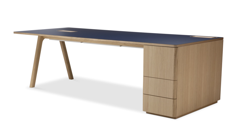 Bureau de direction chêne teinte naturelle plateau fenix bleu 200x100
