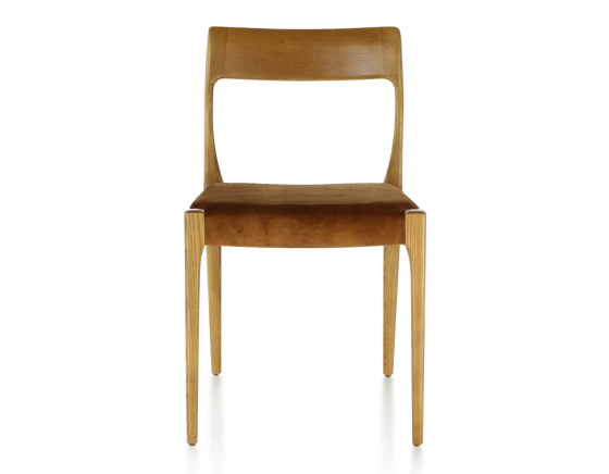 Chaise scandinave bois teinte merisier assise tissu velours bronze