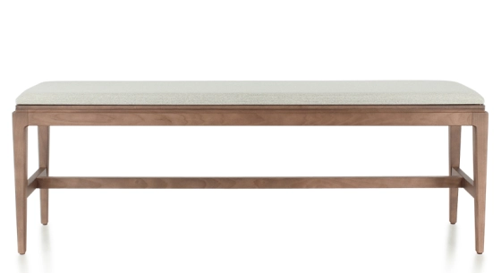 Banc design bois teinte noyer assise tissu beige naturel L160 cm