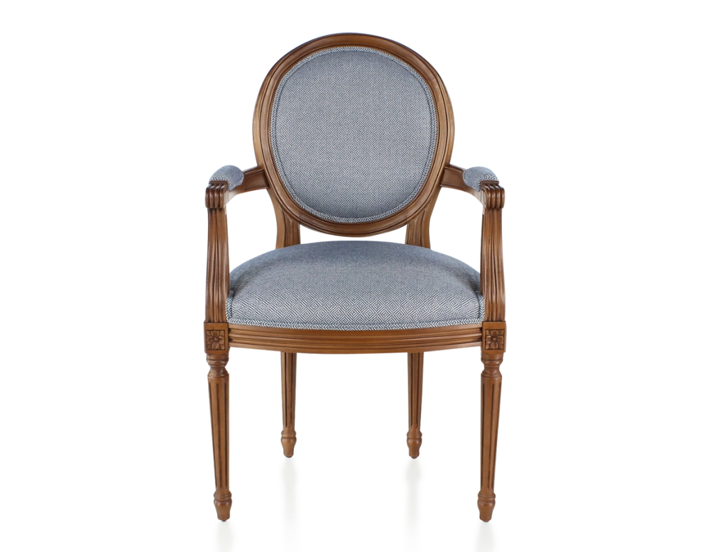 Antique Louis XVI style armchair with armrests aged wood stain and blue chevron fabric Antique Louis XVI style armchair with armrests aged wood stain and blue chevron fabric